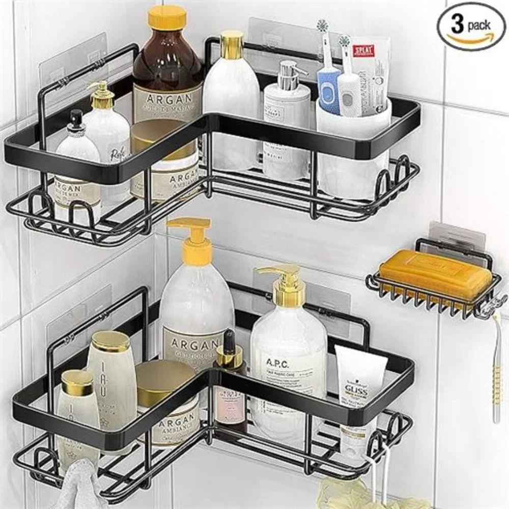 Adhesive Corner Shower Caddy, 3 Pack Organizer Shelf with Soap Holder & 12 Hooks
